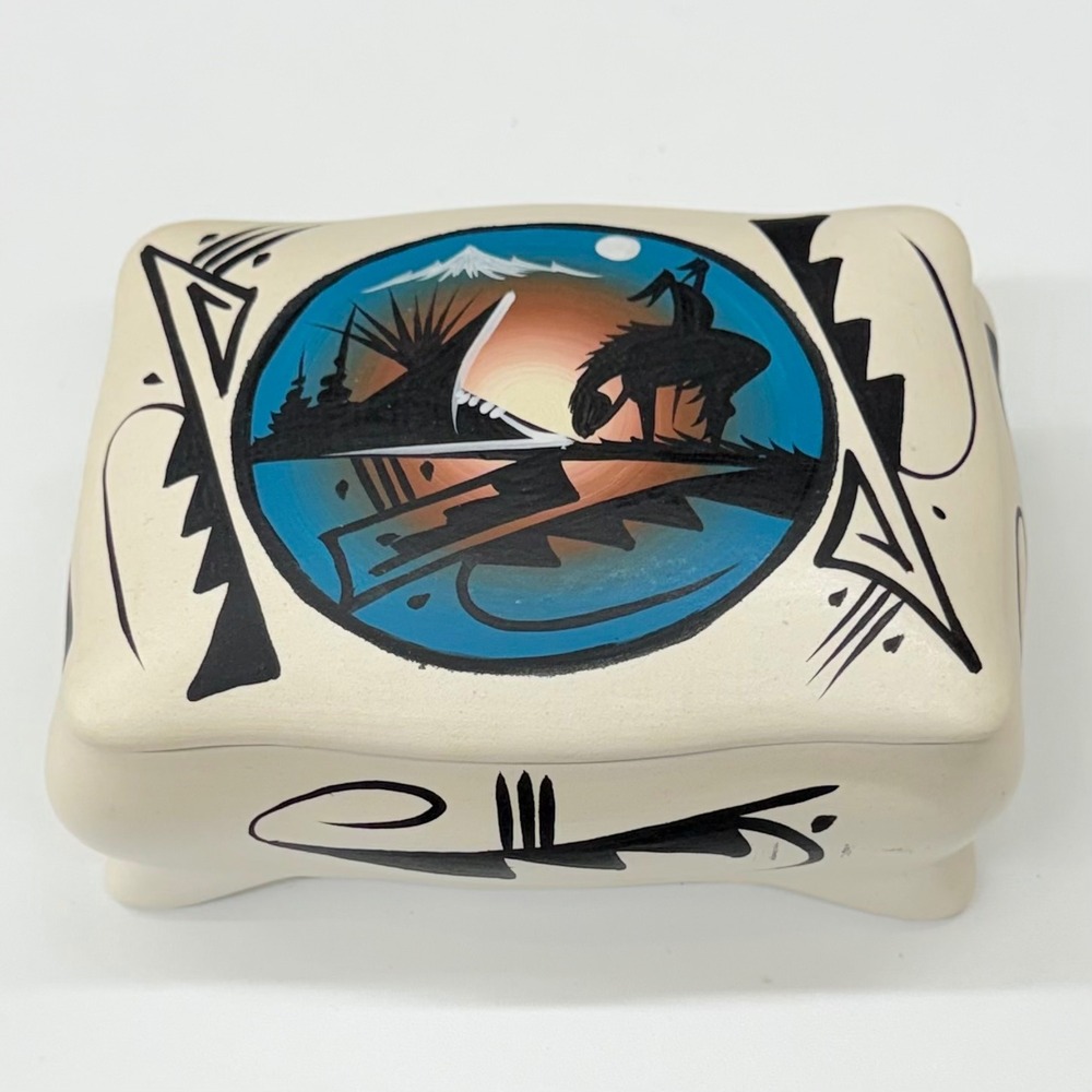 Harrison Navajo Hand‎ Painted Pottery Trinket Box End of the Trail Sunset Signed